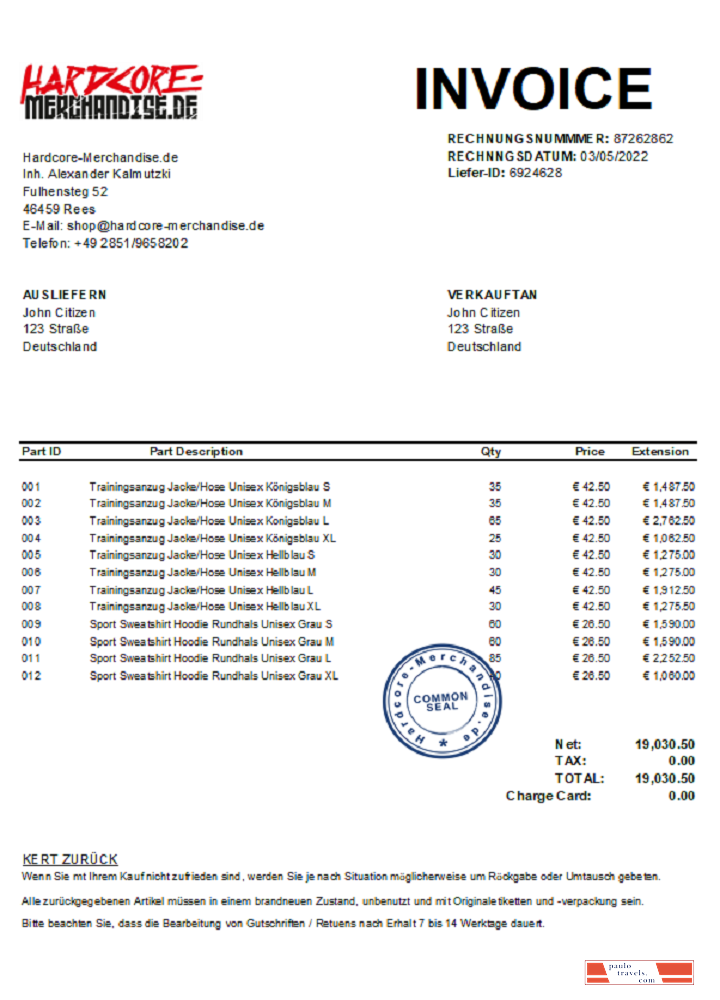 Germany Hardcore Merchandise invoice J. C. xls PSD template